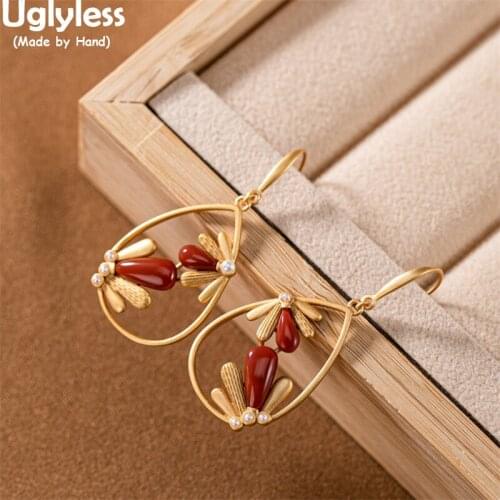 Uglyless Hollow Water Drop Earrings for Women Nature Agate Freshwater Pearls Earrings Romantic Summer Flowers Jewelry 925 Silver