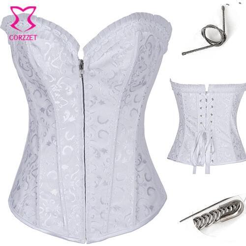 Sexy Jacquard Overbust Corselet Waist Slimming Corsets Steel Boned White/Black Bridal Corset Zipper Gothic Bustier Sexy Corpete