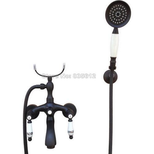 Bathroom Black Oil Rubbed Bronze Dual Holder Dual Control Wall Mounted Bath Tub Mixer Tap + Handheld Shower Head Faucet Wtf572