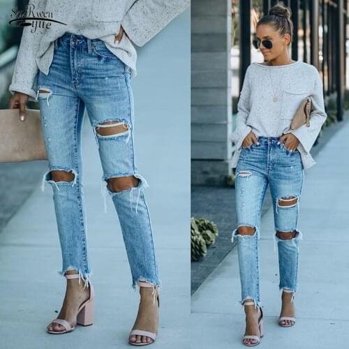 Summer New Ladies Plus Size Full Length Slim Denim Street Hip Hop Ripped Hole Straight Jean Casual Denim Jeans for Women 15320