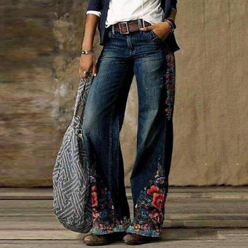 Wide Leg Jeans for Women Bottom Baggy Denim Pants High Waist Wide Leg Floral Print Full Length Clothing Trousers Streetwear 2021