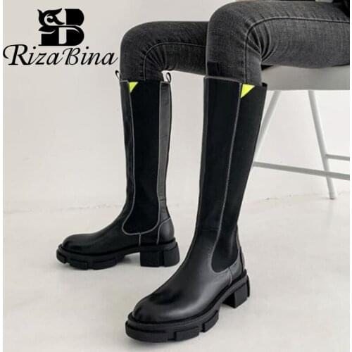 RIZABINA Women Fashion Real Leather Knee High Boots Round Toe Square Heel Slip On Ridding Boots Cool Winter Ladies Footwear