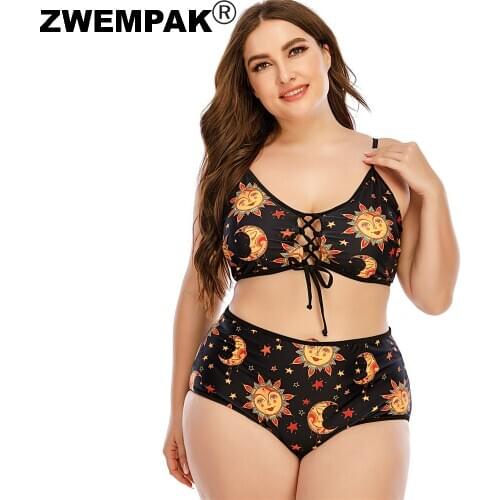 Sun/Moon/Star Print Women Retro Bikini Set High Waisted 2021 Two Pieces Swimming Suits Big 5XL Female Swimwear Newest Biquini