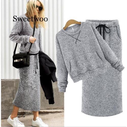 SWEETWOO Two Piece Set Women Cashmere Hoodie Tops Pockets Gray Casual Calf-Length Skirt Lace Up Maxi Dress Suit Female