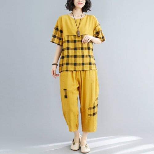 Fashion New 2021 Summer Plaid Patchwork Cotton Linen Loose Casual Tops Two Pieces Women Casual Sets Vintage Harem Pants Suits