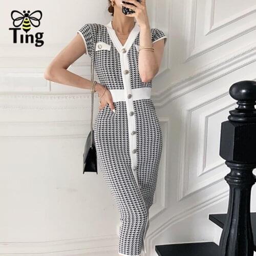 Tingfly Women Fashion Single Breasted Houndstooth Sexy Bodycon Midi Dress Lady Knitting Hot Casual Fitting Curve Vestidos Robes