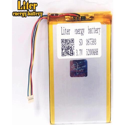 1.0MM 5pin connector 3.7 V 387593 407595 5200mah tablet pc 7 inch MP4 MP5 lithium polymer li-ion rechargeable lipo battery