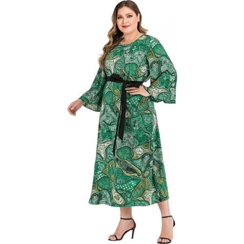 2021 HY89355 Summer Plus Size Long Sleeve Belt Design Dress 3XL 4XL Large Size Dress Women Floral Women Dresses for Beaty Lady