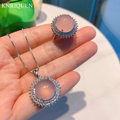 2021 New Trend 14*14mm Rose Quartz Rings Pendant Necklace for Women 925 Sterling Silver Gemstone Party Wedding Jewelry Sets Gift