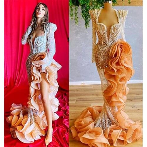 2021 Plus Size Arabic Aso Ebi Gold Luxurious Mermaid Prom Dresses Beaded Crystals Pearls Evening Formal Party Second Reception