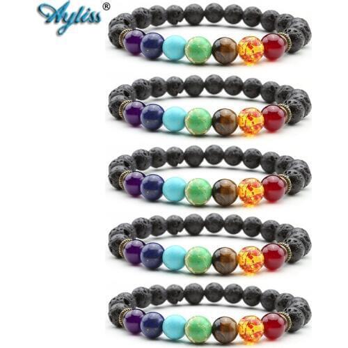 Ayliss 2018 Hot Wholesale 7 Chakra Crystal Beads Lava Rock Gem Stone for Essential Oil Charm Bracelet Men Women 5pcs / 10pcs