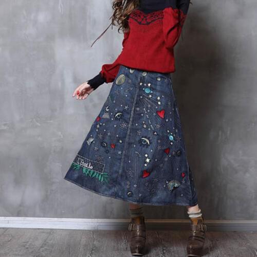 Free Shipping 2020 New Fashion Spring Autumn Denim All-match Vintage Jeans Long Maxi Skirt For Women S-L Embroidery A-line Skirt