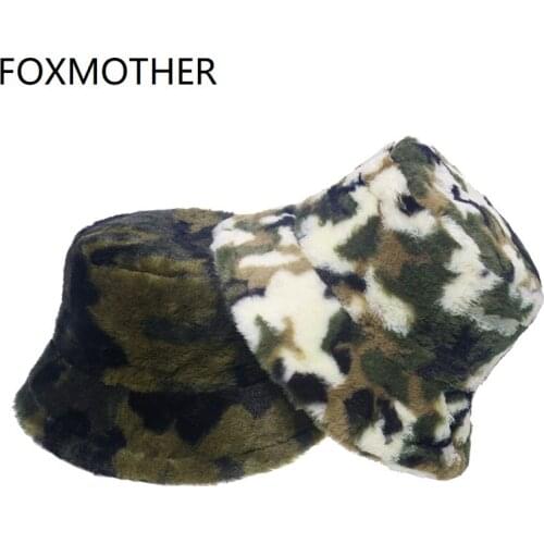 FOXMOTHER Women Chapeau Femme Warm Caps Fluffy Faux Fur Army Green Camouflage Bucket Hat Mens Gorras Winter 2021