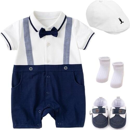 Baby Jumper + Hat + Shoes + Socks Set Newborn Boy Clothes Cotton Summer Children 4 Pieces Outfit Kids First Birthday Gift Party