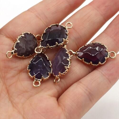 Natural Stone Two-hole connector Water Drop Shape Faceted Amethysts Pendant for Jewelry Making DIY Necklace Bracelet Accessories