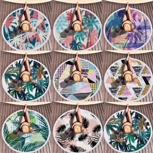Round Beach Towel Microfiber Large Towel Flower Leaf Blanket Printed Toalla Tassel Tapestry 150cm
