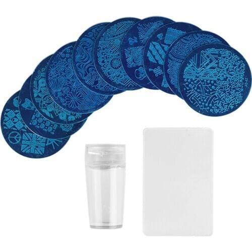 10pcs Round Art Stamping Plate and 1pc Clear Silicone Nail Art Stamper Scraper Template With Flower Shape Tools Nail Set