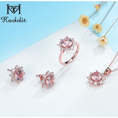 Kuololit Morganite Gemstone Jewelry Set for Women Solid 925 Sterling Silver Ring Earrings Necklaces Rose Gold Jewelry for Women