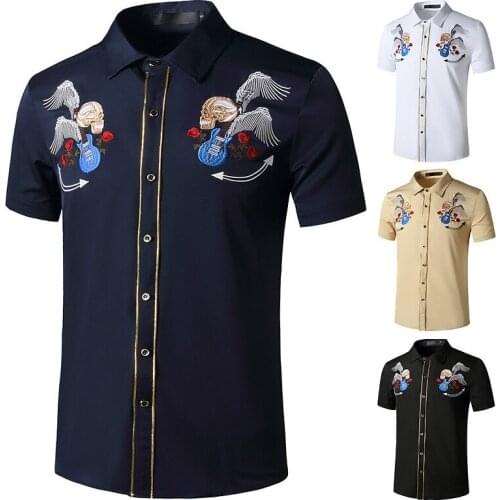 Summer New Boys' Personalized Skull Guitar Embroidery Short Sleeve Shirt Lapel Button Casual Shirt