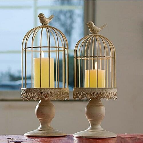Metal Antique Cream Bird Cage Candlestick Holder for Pillar Candles Centerpiece Pillar Candle Holders Wedding Desk Home Decor