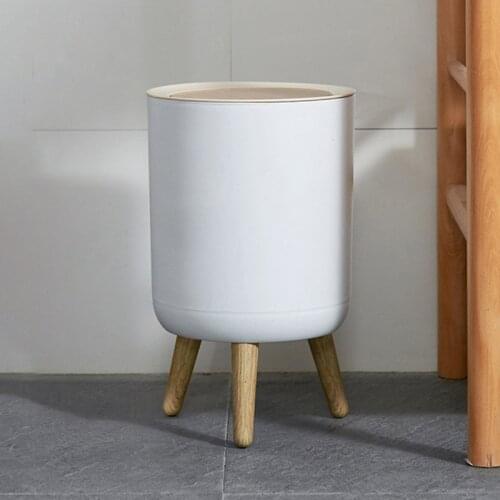 Fashion High Foot Imitation Wood Grain Dustbin Round Desktop With Cover Press Trash Can Living Room Toilet Kitchen Nordic Style