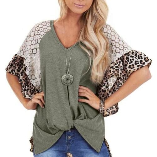 Fashion Leopard Pattern Raglan Sleeve Lace Irregular Twist Hem Modal T-Shirt For Women Groot Befree Harajuku Xinguangya Striped