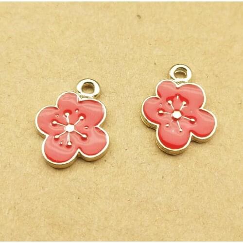 Newest 80pcs/lot 19*14mm Gold Tone Plated Enamel Plum blossom Flower Charms Drip Oil DIY Floral Necklace Keyring Earring Pendant