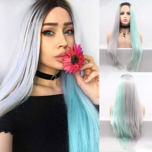 Long Straight Half Black Red Synthetic Lace Front Halloween Wig Fashion Wigs for Women Girls Glueless Heat Resistant Fiber Hair