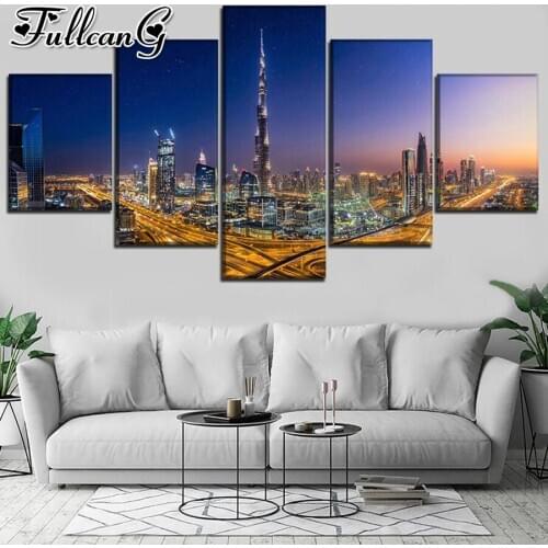 FULLCANG City high-rise scenery 5 piece diy diamond painting full square round drill mosaic embroidery sale decoration FC2514