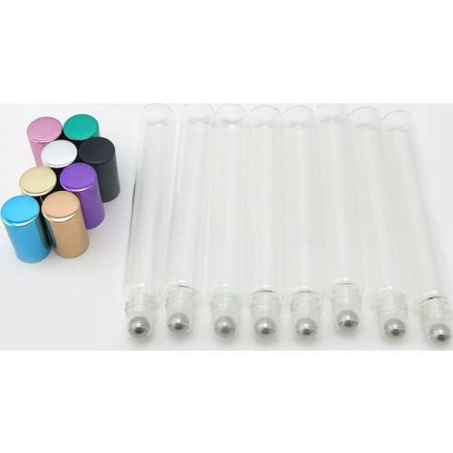 Lovely Design 10 X 12ml clear tubular roll on perfume bottle with metal ball and colorful lids