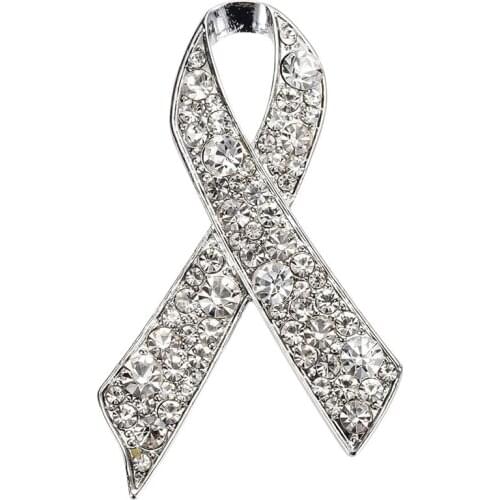 Silver Color White Rhinestones Ribbon Brooch Breast Cancer Awareness Brooch Pin Promotional Gift Wholesale