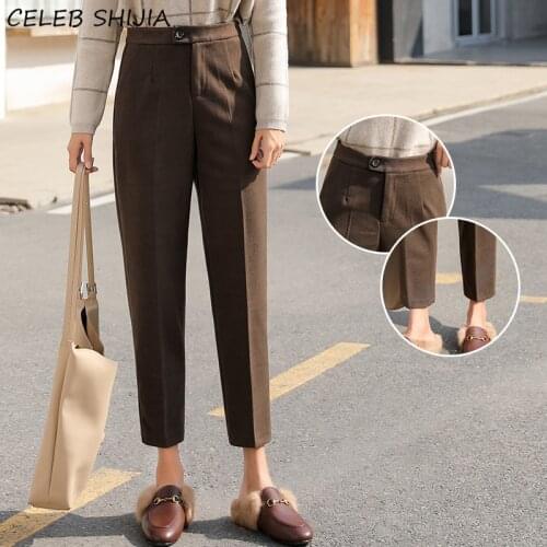 Shijia High Waist Woolen Pants for Women Brown Solid Loose Trousers Blazer OL Fashion Autumn Winter Suit Pants Office Lady NEW