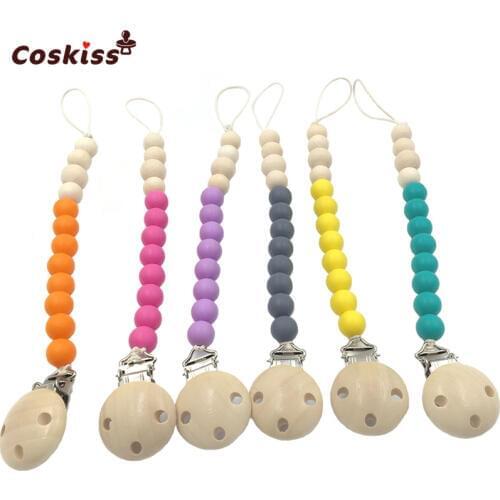 Food Grade Silicone Teething Stone Dummy Baby Pacifier Clip Natural Wood Beads Mom Nursing Waldorf Baby Teether