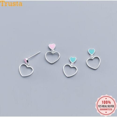 Trustdavis 100% 925 Solid Real Sterling Sweet Pink Blue Glaze Heart Stud Earrings Gift For Women Girls Kids Lady Jewelry DA319