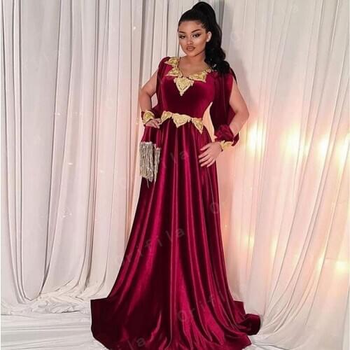 Kosovo Albanian Caftan Evening Dress Burgundy Middle East Arabic Dubai Prom Dresses Velvet Gold Applique Formal Wear