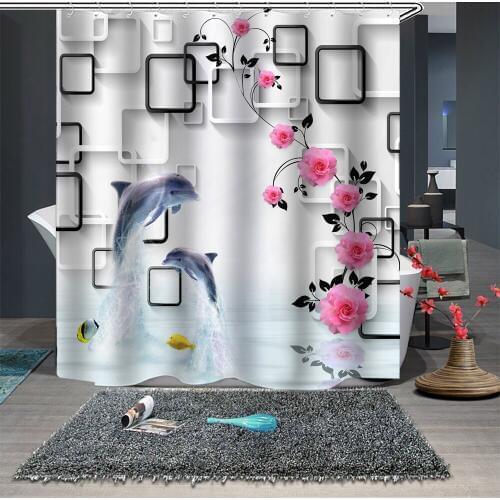 Custom Made Shower Curtain Bathroom Curtain Partition 1.5 x 1.8m 1.8 x 1.8m 1.8 x 2m Sea Dolphin Floral Frame 3D