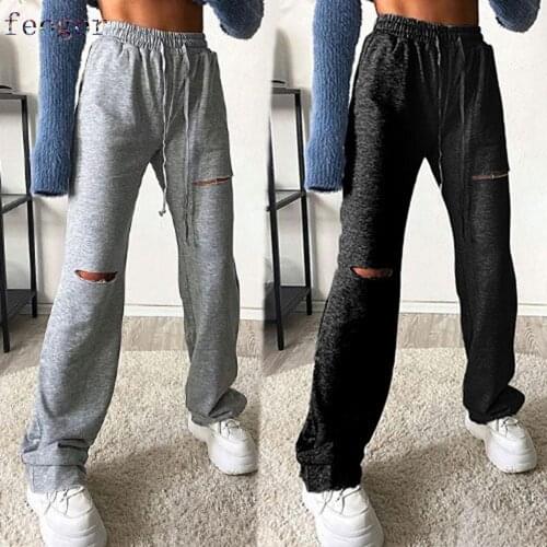 FEOGOR 2021 autumn and winter new fashion all-match elastic waist ripped casual pants 2021 new womens pants Fitness pants
