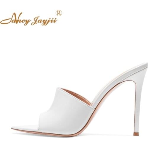 Mules Leather White Women Slippers Outside Solid Summer Spring Sexy Fashion Brand Size 45 44 43 Dress Soft High Heels 10cm Lady