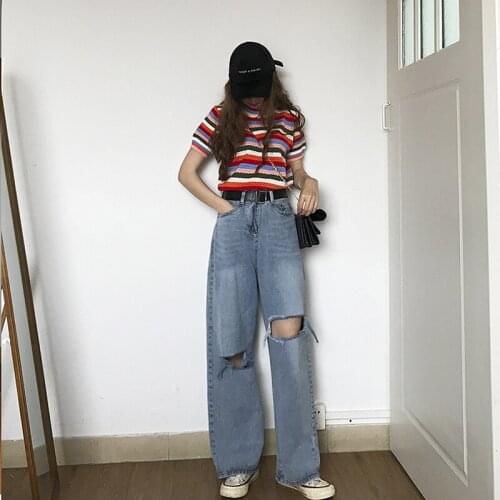 Women Casual Denim Jeans Fashion Hole Pants Female High Waist Straight Pant Korean Harajuku Femme Bottoms Lady Trousers Torn