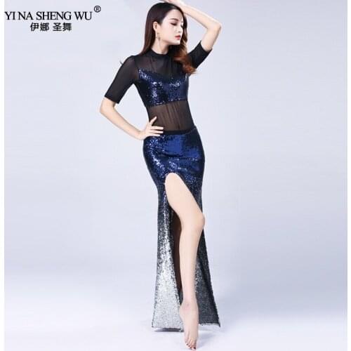 Belly Dance Costume Sequin Set Oriental Bellydance Competition Costumes Women Practice Clothes Dance Wear Top+Skirt 2pcs Suit