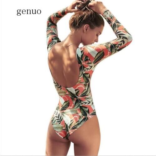 Summer 2020 Leaves Print Swimsuit Female Long Sleeve Sexy Bikini Brazilian One Piece Bodysuit Push Up Swimwear Women Monokini