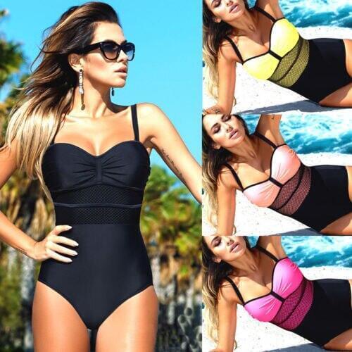 Womens Summer Mesh Patchwork Retro Sexy Slim Swimwear Swimsuit Monokini Bikini Bathing Beach One-Piece Suits