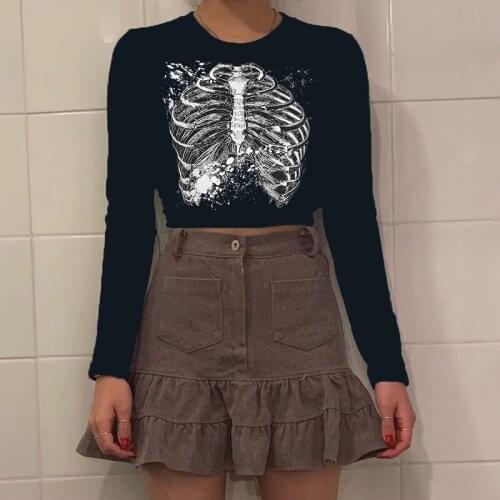 Women Autumn Crop Tops,2021 New Fashion Slim Adults Skeleton Print Long Sleeve Round Neck T-shirt Popular Women-Clothing(Black)