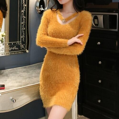 Faux Mink Furry Sweater Women Autumn Winter Embroidery Elasticity Knit Bottoming Pullover Hippocampus Sexy Package Hip Dress