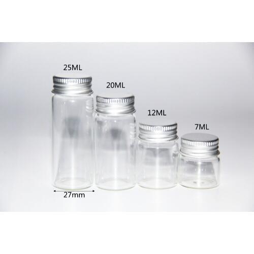 100pcs 7ml 12ml 20ml 25ml Glass Bottle Screw Aluminum Cap Silicone Stopper Empty Jar Glass Sealed Bottle Gift Liquid Food Bottle