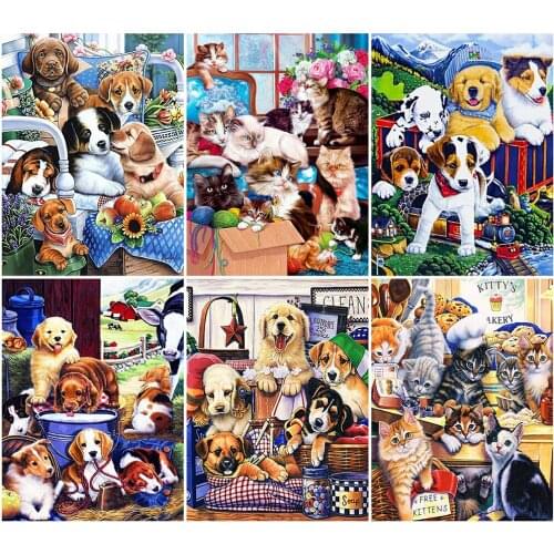 KAMY YI Diamond Painting Animal Dog Cartoon Family Portrait Cross Stitch 5D Diy Embroidery Full Diamond Mosaic Home Decoration