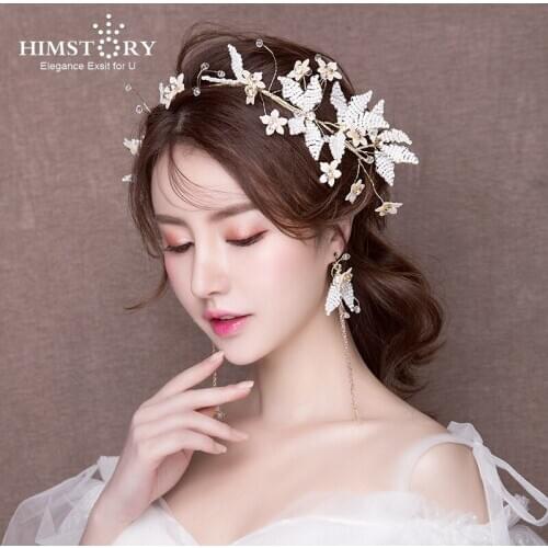 HIMSTORY New Elegant Bride Headwear Set Korean Fairy Handmade Hairband Necklace Beaded Flower Ear Clips Set Jewelry Accessories