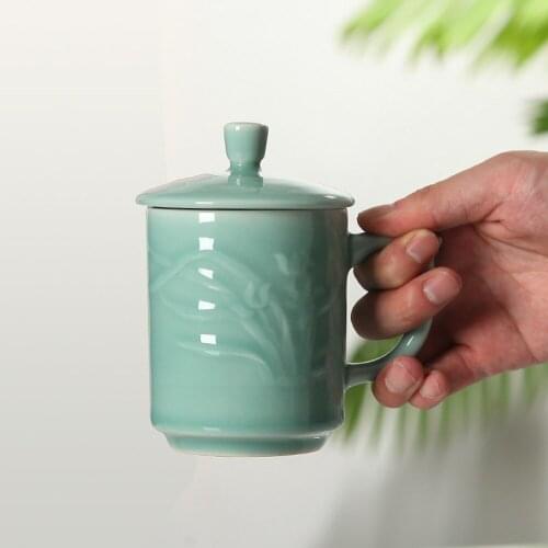 Coffee Mug 12oz Teacup with Lid Microwave and Dishwasher Safe Chinese Porcelain Decor Orchid Cups Ceramic Drinkware