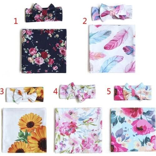 2Pcs Newborn Baby Receiving Blanket Headband Set Floral Swaddle Wrap Sleeping Bag Infant Hair Accessories
