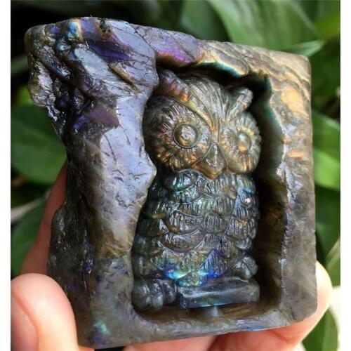 Beautiful Hand carved natural quartz Labradorite owl healing crystal for gifts
